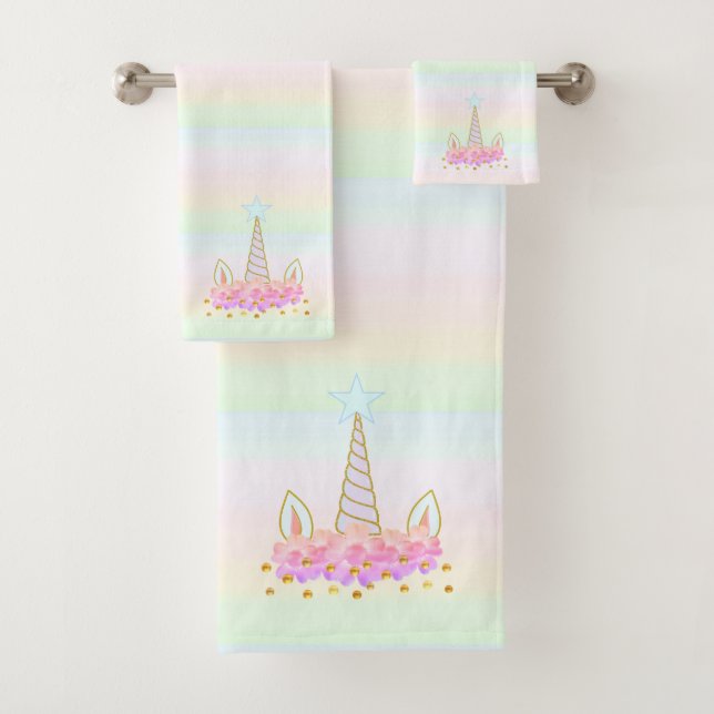 Unicorn, Flowers & Gold Confetti on Pastel Shades Bath Towel Set (Insitu)