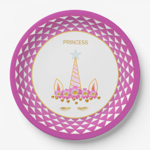 Unicorn, flowers, gold confetti on white & violet paper plate
