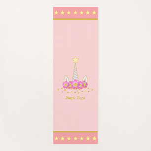 Unicorn, flowers, gold confetti & stars on coral yoga mat