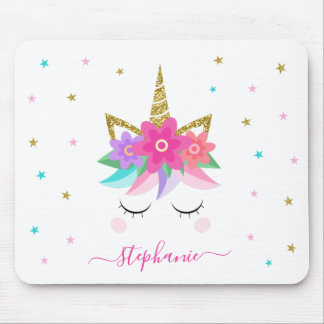 Unicorn Flowers Gold Glitter Personalized Mouse Pad
