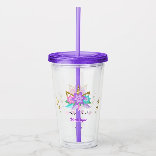 Unicorn Flowers Gold Glitter Stars Purple Acrylic Tumbler (Front)