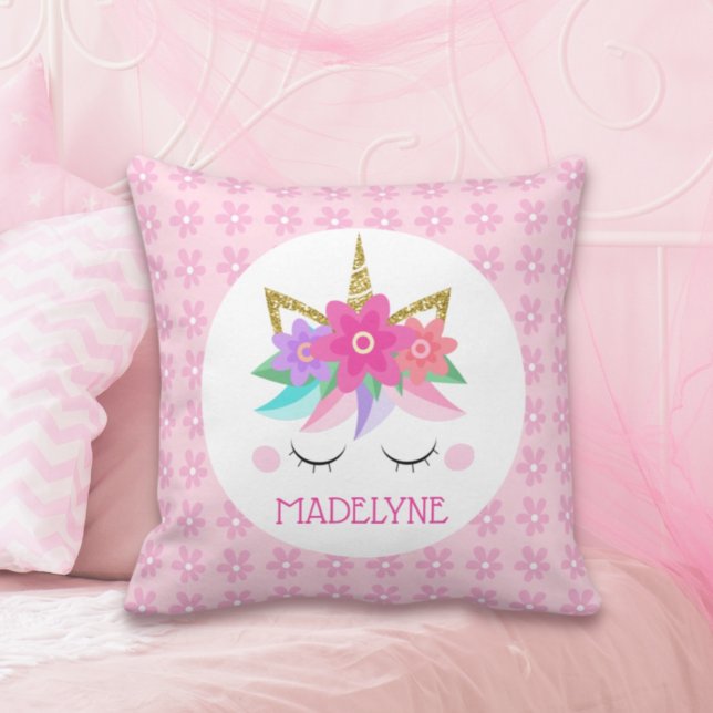 Unicorn Flowers Gold Pink Daisy Personalised Girly Cushion (Creator Uploaded)