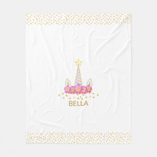 Unicorn, flowers & golden confetti on white fleece