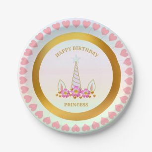 Unicorn, Flowers, Hearts & Gold Dots Paper Plate