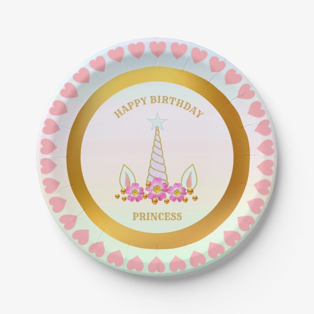 Unicorn, Flowers, Hearts & Gold Dots Paper Plate (Front)