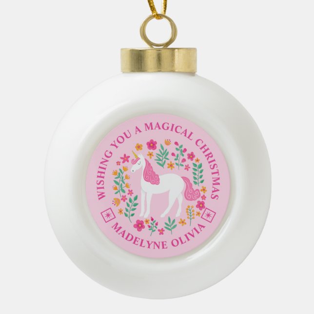Unicorn Flowers Magical Christmas Personalised Ceramic Ball Christmas Ornament (Front)
