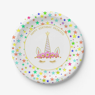 Unicorn, Flowers & Multicolored Stars Birthday Paper Plate