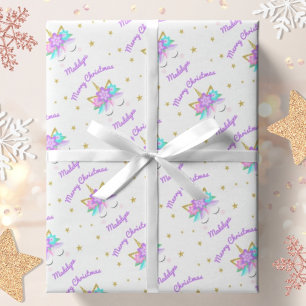 Unicorn Flowers Purple Cute Personalised Christmas Wrapping Paper