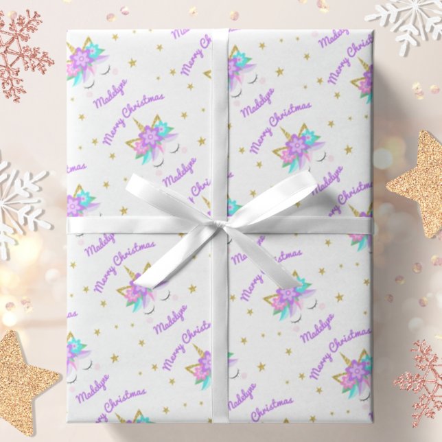 Unicorn Flowers Purple Cute Personalised Christmas Wrapping Paper (Creator Uploaded)