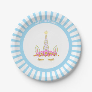 Unicorn, Flowers & Rays on Light Blue Birthday Paper Plate