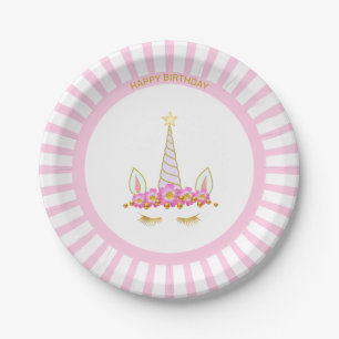 Unicorn, Flowers & Rays on Pink Birthday Paper Plate
