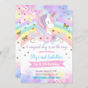 Unicorn & flowers siblings birthday invitation. invitation