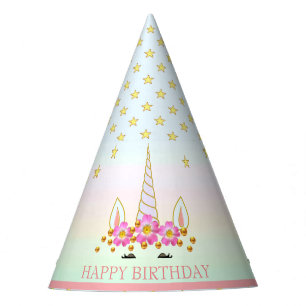 Unicorn, Flowers, Stars & Gold Confetti Party Hat