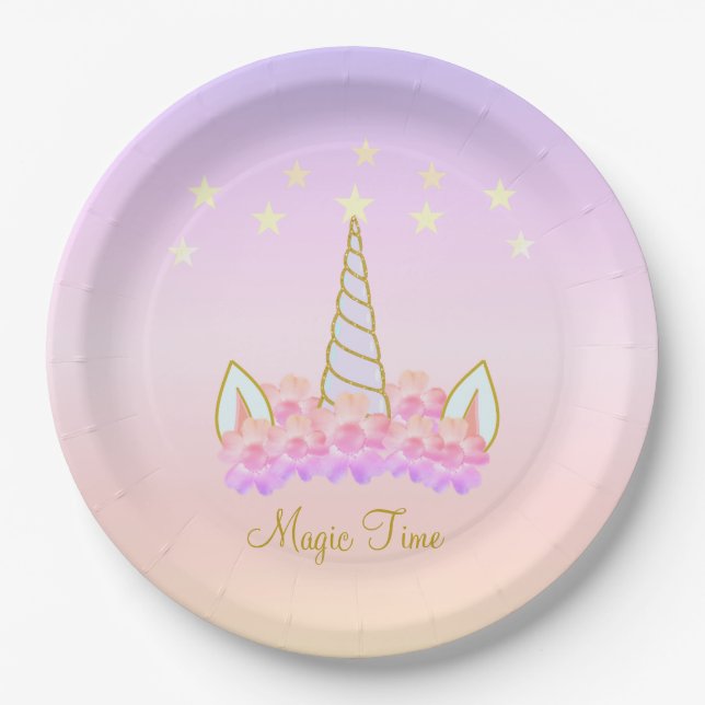 Unicorn Flowers & Stars Magic Paper Plate (Front)