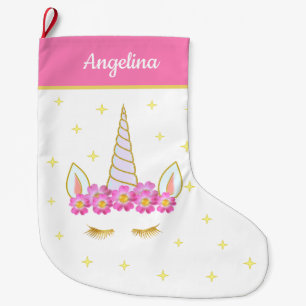 Unicorn Flowers & Stars on Pink & White Large Christmas Stocking