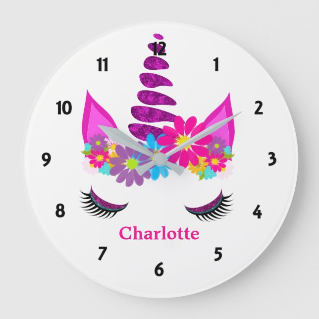 Unicorn Flowery Super Cute Girly Personalised Large Clock (Front)