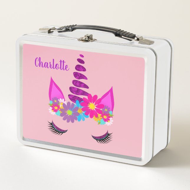 Unicorn Flowery Super Cute Girly Personalised Metal Lunch Box (Front)