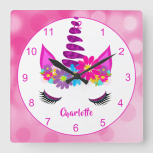 Unicorn Flowery Super Cute Girly Personalised Square Wall Clock