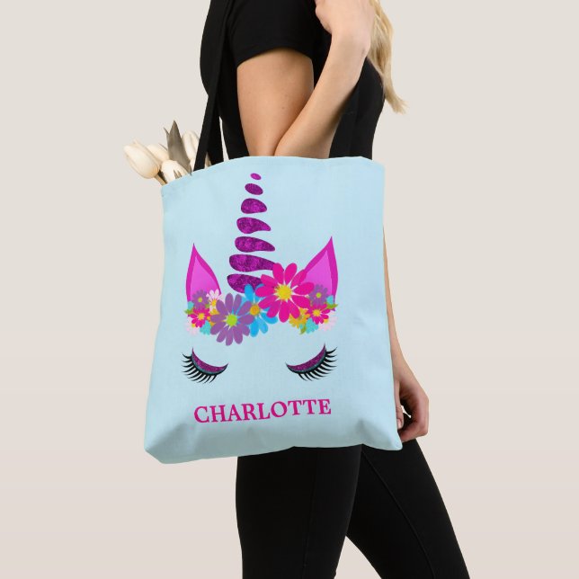 Unicorn Flowery Super Cute Girly Personalised Tote Bag (Close Up)