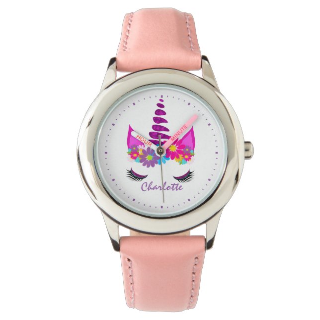 Unicorn Flowery Super Cute Girly Personalised Watch (Front)