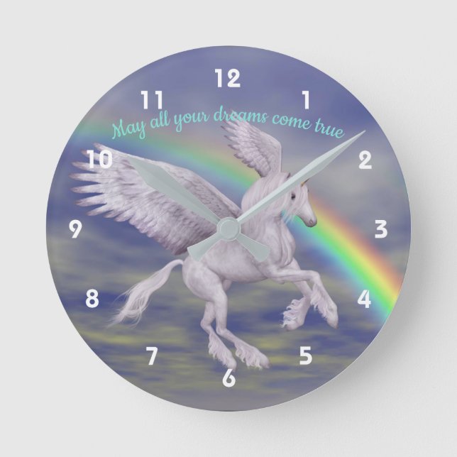 Unicorn Flying Over Rainbow Dreams Inspirational Round Clock (Front)