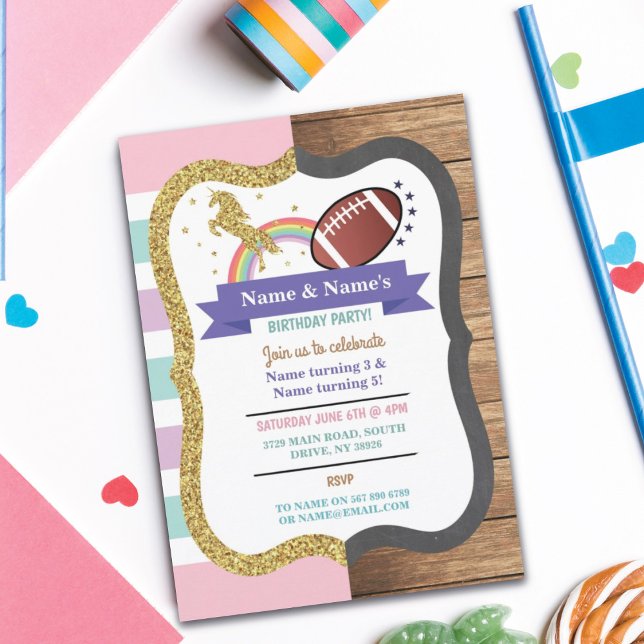 Unicorn & Football Joint Boy Girl Birthday Rugby Invitation (Creator Uploaded)