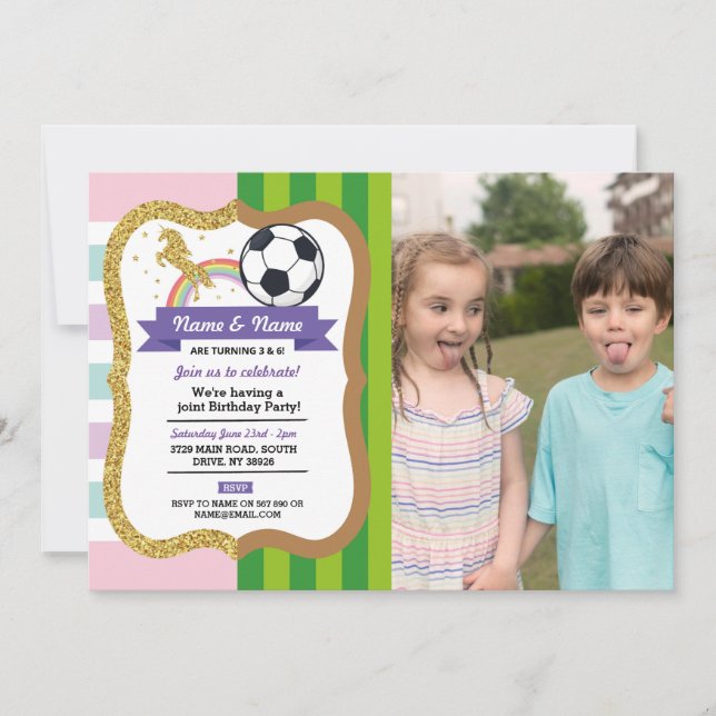 Unicorn & Football Joint Shared Party Invitation (Front)