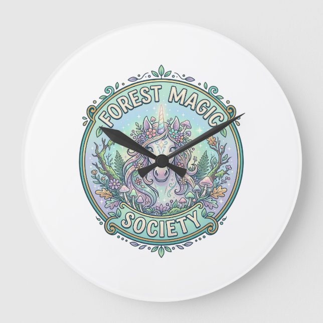 Unicorn Forest Magic Society Graphic Design White  Large Clock (Front)