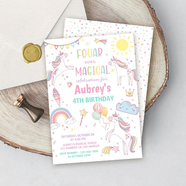 Unicorn Four Ever Magical 4th Birthday Invitation (Creator Uploaded)