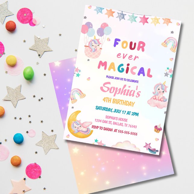 Unicorn Four  Ever Magical 4th Birthday  Invitation (Four Ever Magical pastel unicorn 4th birthday invitation with rainbow and stars.)