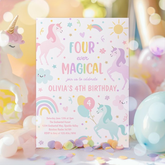 Unicorn Four Ever Magical 4th Party Birthday Party Invitation (Creator Uploaded)