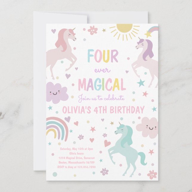 Unicorn Four Ever Magical 4th Party Birthday Party Invitation (Front)