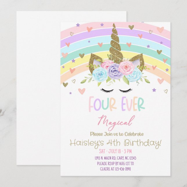 Unicorn four-ever magical birthday invitation. invitation (Front/Back)