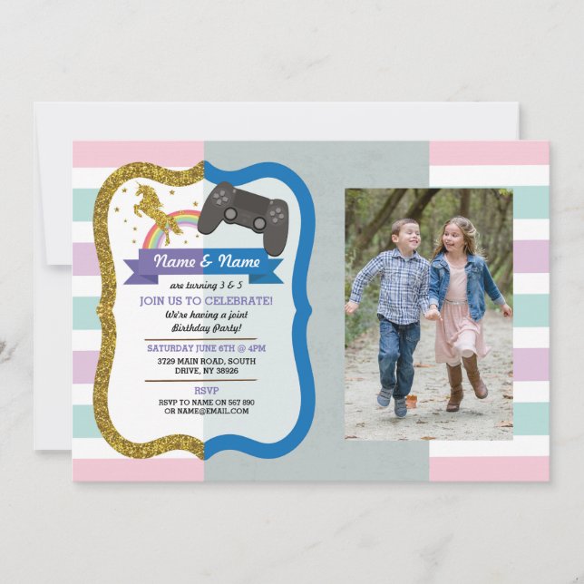 Unicorn & Gaming Joint Boy girl Birthday Photos Invitation (Front)
