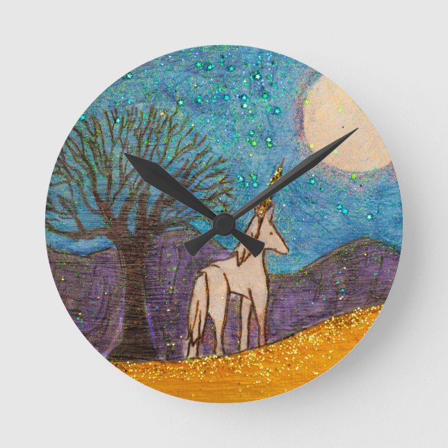 Unicorn Gazing at the Moon Round Clock (Front)