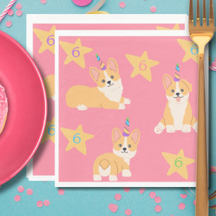 Unicorn Girl Birthday, Corgi Custom Age Napkin