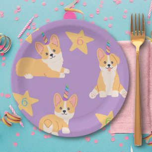 Unicorn Girl Birthday, Corgi Custom Age Paper Plate