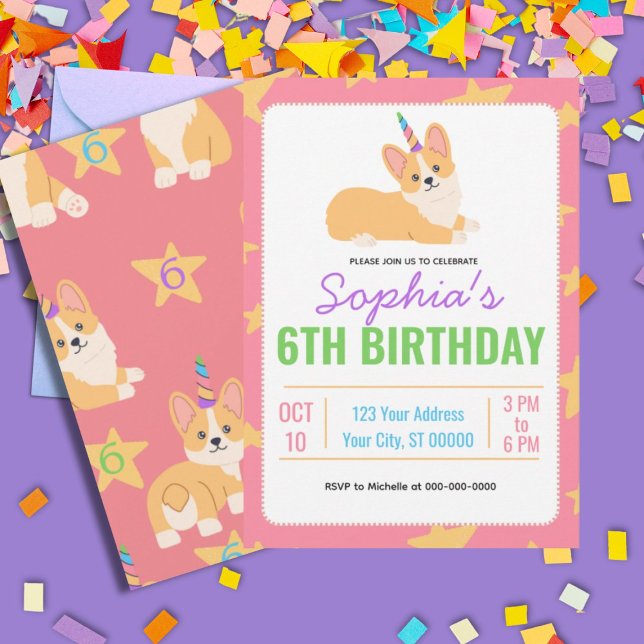 Unicorn Girl Birthday, Corgi Party  Invitation (Creator Uploaded)