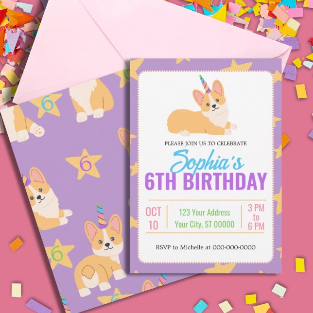 Unicorn Girl Birthday, Corgi Party  Invitation (Creator Uploaded)