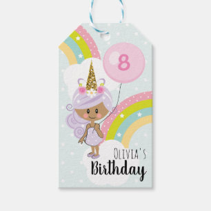Unicorn Girl Birthday Favour Tags Dark Skin Tone