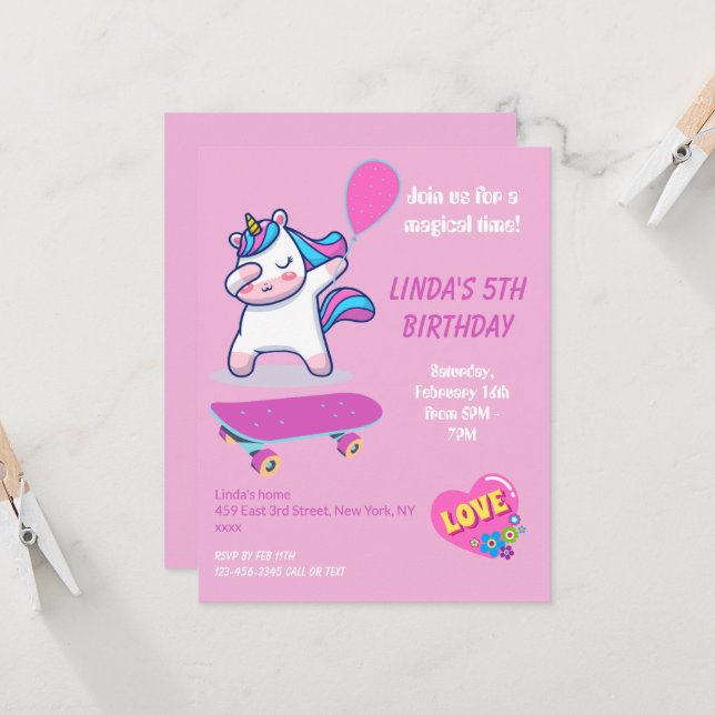 Unicorn Girl birthday invitations (Front/Back In Situ)