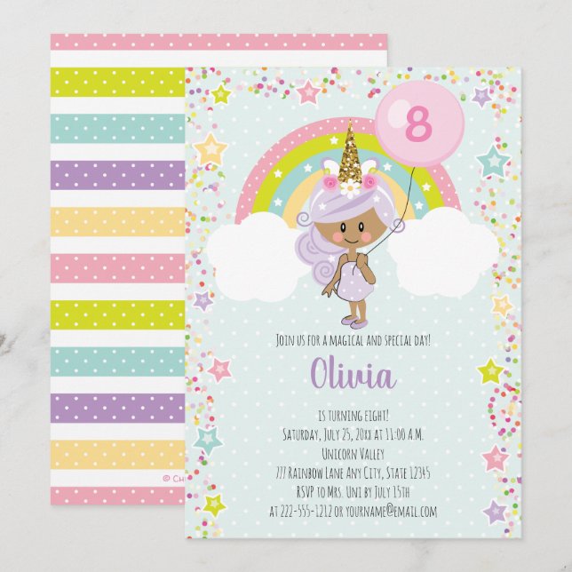 Unicorn Girl Birthday Invite Any Age Dark Skin (Front/Back)