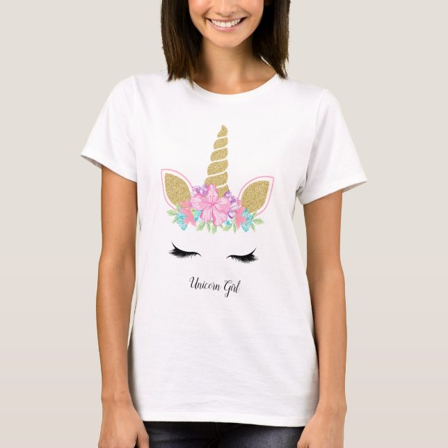 Unicorn Girl Gold Glitter Lovely Floral Outfit T-Shirt (Front)