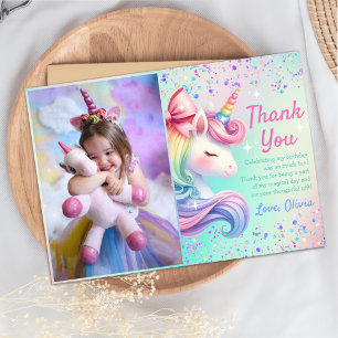 Unicorn Girl Magical Pastel Rainbow Birthday Photo Thank You Card