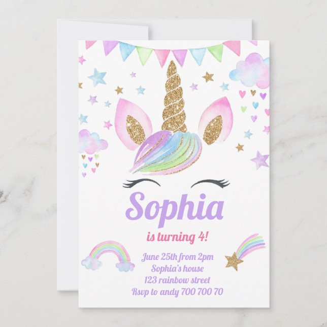 Unicorn Girl Magical Pastel Rainbow Pink Birthday Invitation (Front)