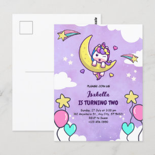 Unicorn Girl Two 2nd Birthday Invitation Postcard