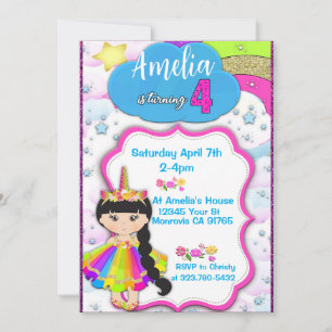 Unicorn girls 4th birthday party invitation