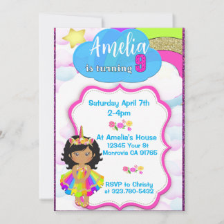 Unicorn girls 9th birthday party invitation