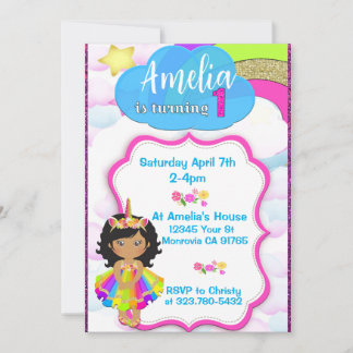 Unicorn girls First birthday party invitation