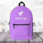 Unicorn Girls Pretty Girly Cute Purple Printed Backpack<br><div class="desc">A custom design on a purple background featuring a unicorn motif icon in white which can be easily replaced by uploading your own logo, image or motif! The personalised monogram name in white modern block typography can be replaced with your own name or custom text. The perfect gift or accessory!...</div>